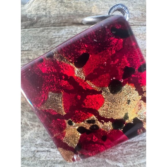Murano Glass Square Pendant With Red & Gold Flake Design Made In Italy - Picture 3 of 11